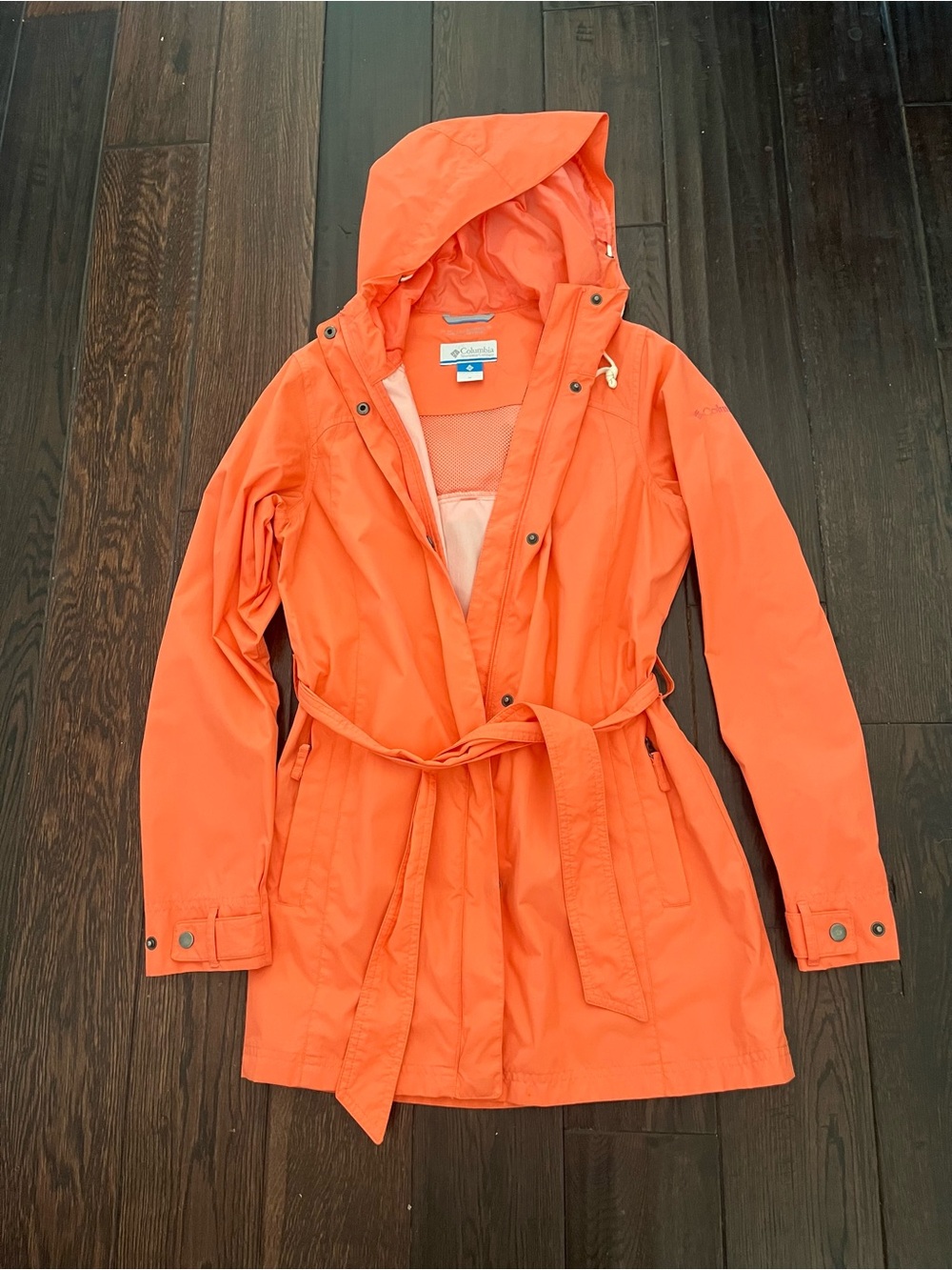 Columbia Pardon My Trench Rain Jacket Coral Orange Belted Hooded M